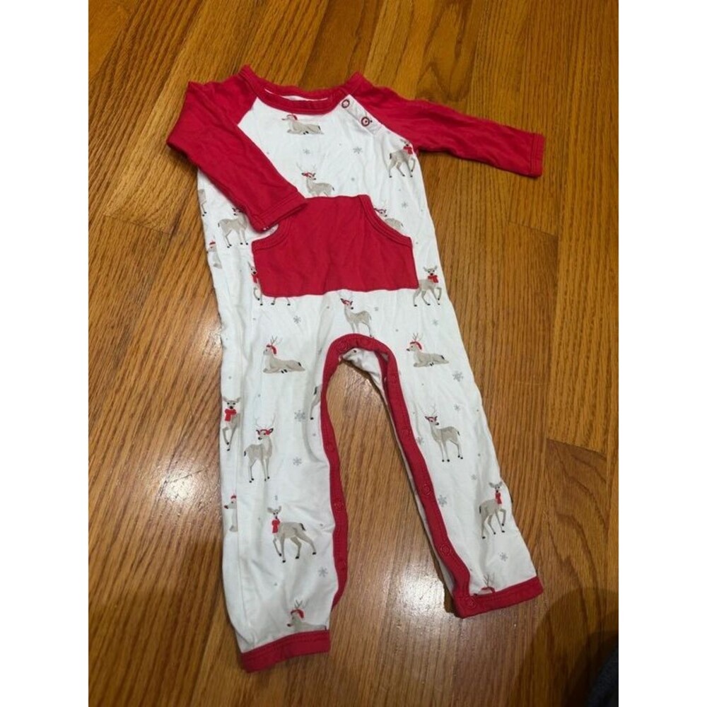 Kyte Baby Cloud Deer Winter Christmas Romper in Red White 3/6m